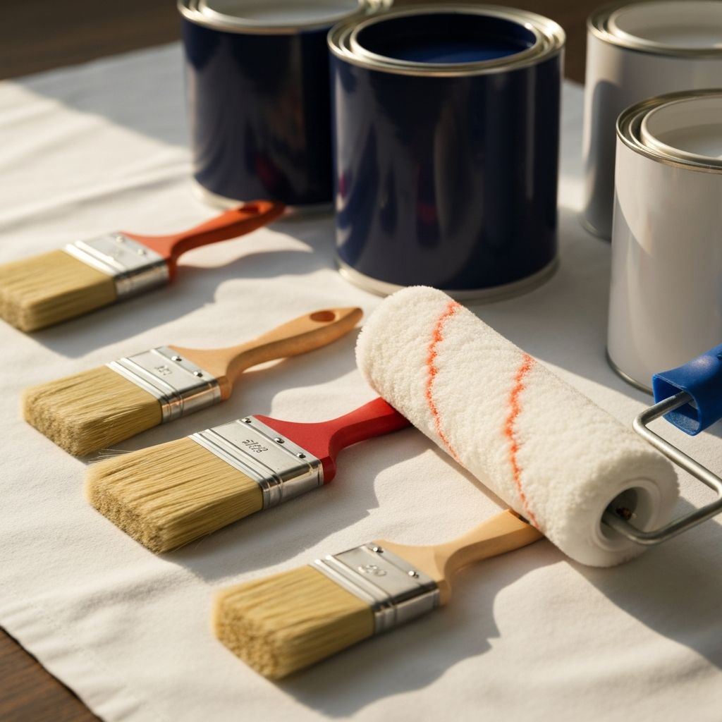 Professional painting tools and equipment including brushes, rollers and paint cans